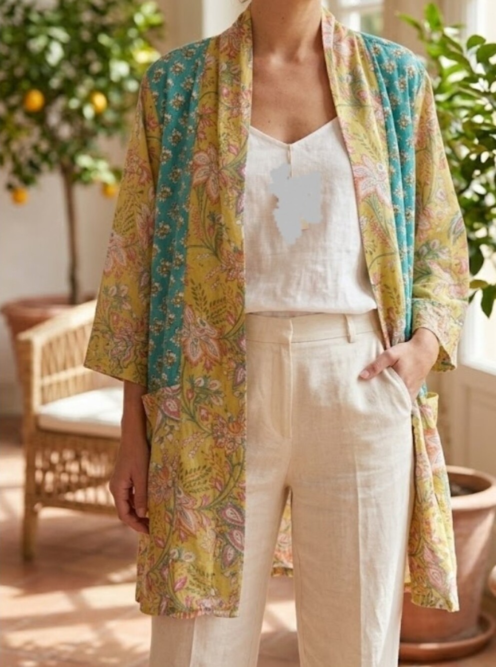 Yellow & Teal Floral Kimono Jacket